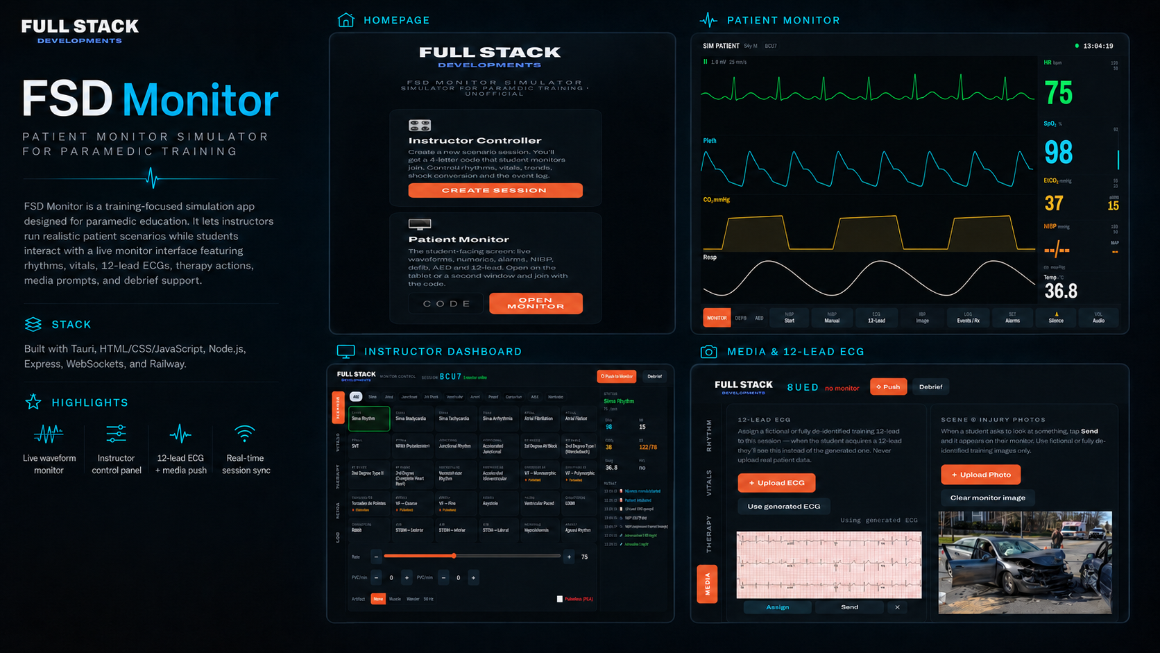 FSD Monitor: instructor controller, patient monitor with waveforms, and media/12-lead ECG management