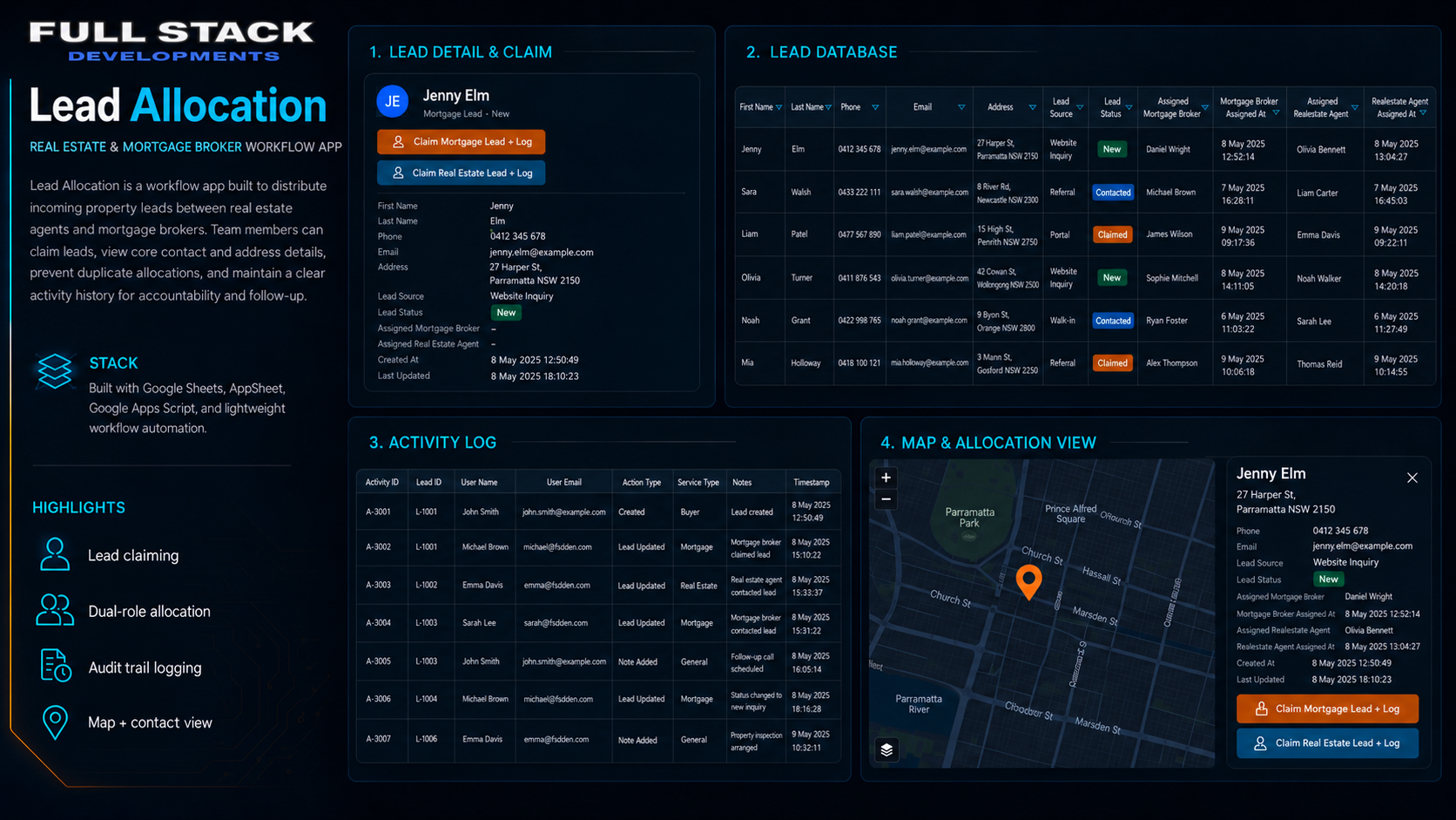 Lead Allocation workflow app: lead detail and claim, lead database, activity log and map view